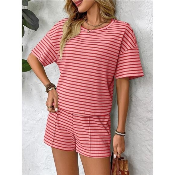 Striped Round Neck Short Sleeve Top and Shorts Set - Picture 6 of 16